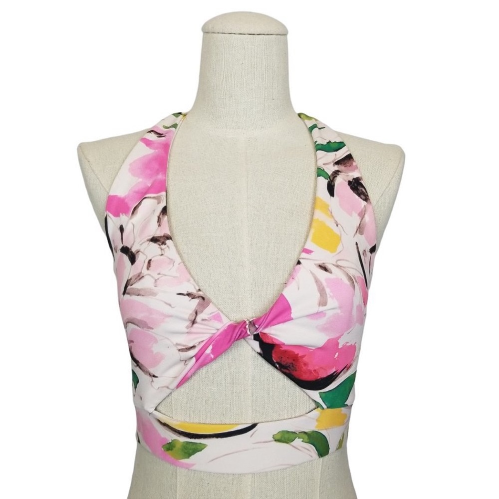 Beach riot floral pink multicolor twist front sports bra